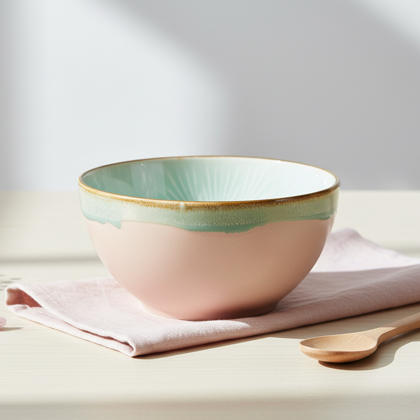 Cenário elegante com tigela verde água e rosa