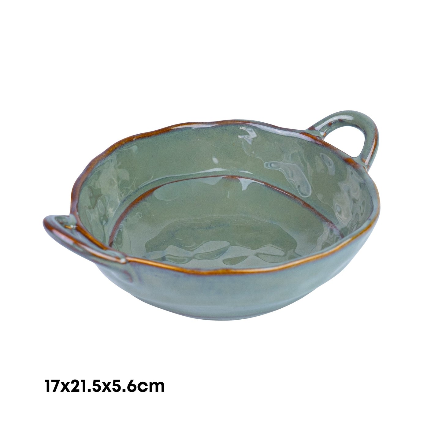 Tigela Oval de Cerâmica com Pegas - Verde Jade (17x21,5x5,6cm)