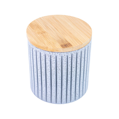 Recipiente de Cerâmica Azul-Cinza com Tampa de Bambu - 11x11cm