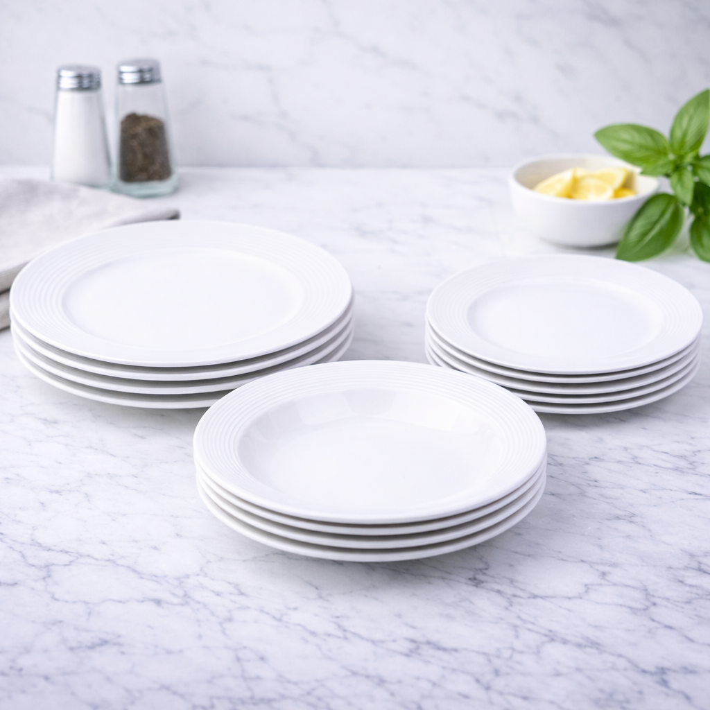 Conjunto de Louça 12 Peças com Textura em Relevo - Branco Puro (4 Pessoas)