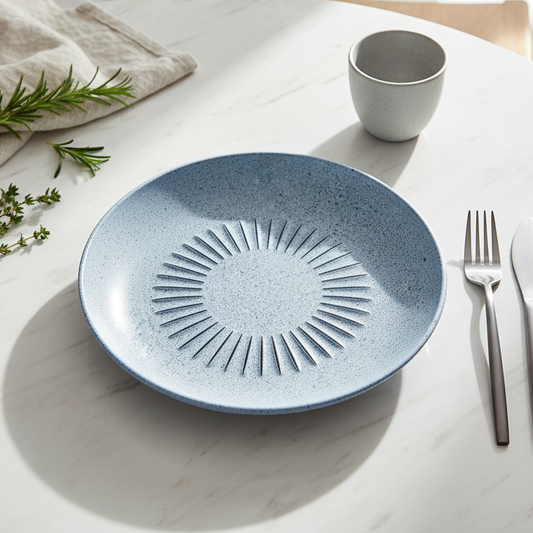 Prato Fundo de Cerâmica Azul-Cinza com Linhas Radiantes - 22cm