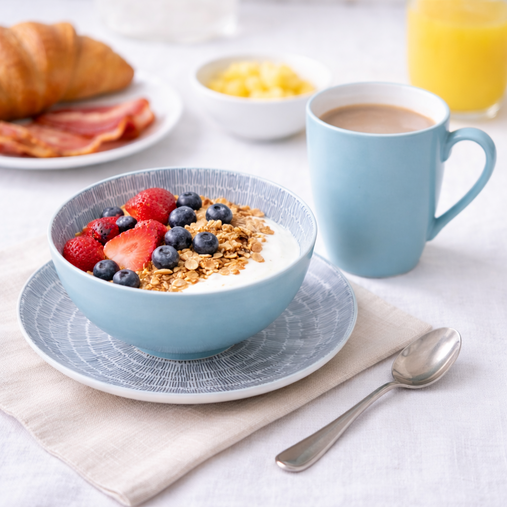 Conjunto de Pequeno-Almoço 6 Peças com Padrão de Linhas - Azul (2 Pessoas)