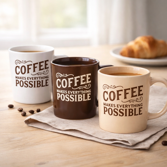 Caneca de Cerâmica 330cc "Coffee Makes Everything Possible" - 3 Cores Disponíveis