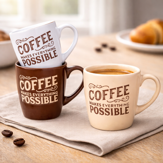 Caneca Pequena de Cerâmica 220cc "Coffee Makes Everything Possible" - 3 Cores