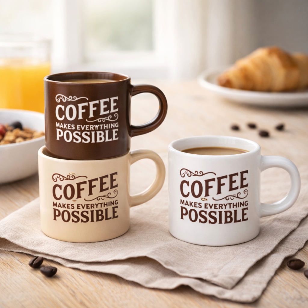 Caneca Pequena de Cerâmica 170cc "Coffee Makes Everything Possible" - 3 Cores