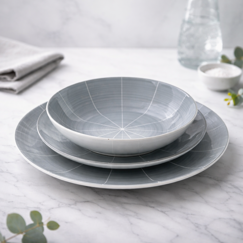 Conjunto de Louça 12 Peças com Padrão Radial - Azul Acinzentado (4 Pessoas)