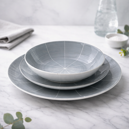 Conjunto de Louça 12 Peças com Padrão Radial - Azul Acinzentado (4 Pessoas)