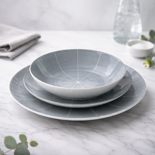 Conjunto de Louça 12 Peças com Padrão Radial - Azul Acinzentado (4 Pessoas)