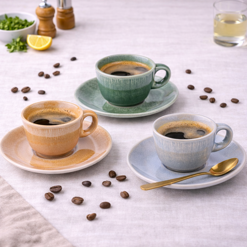 Chávenas de Café com Pires - 3 Cores Pastel (Verde Musgo, Cinza Claro, Bege Areia)