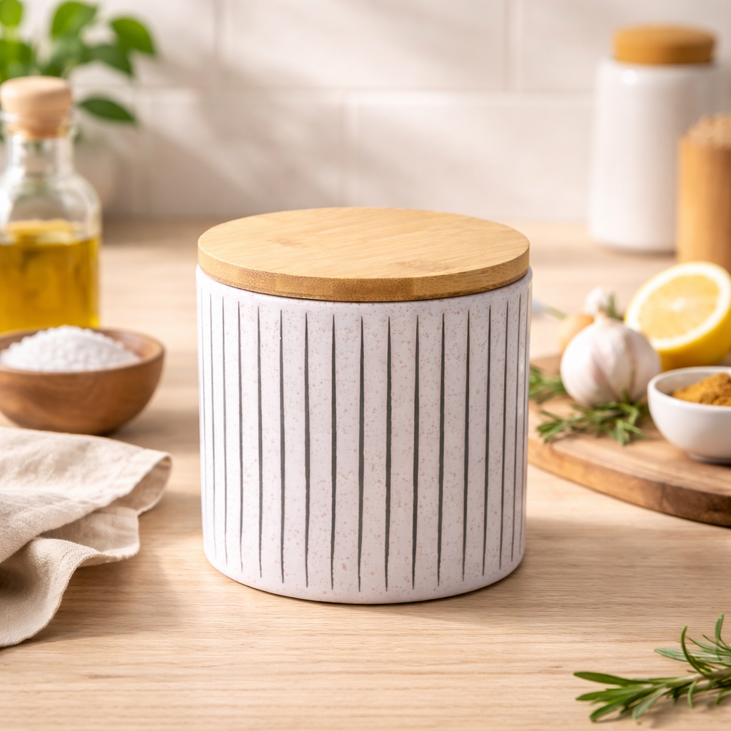 Recipiente de Cerâmica com Tampa de Bambu - Branco com Textura Linear 11x11cm