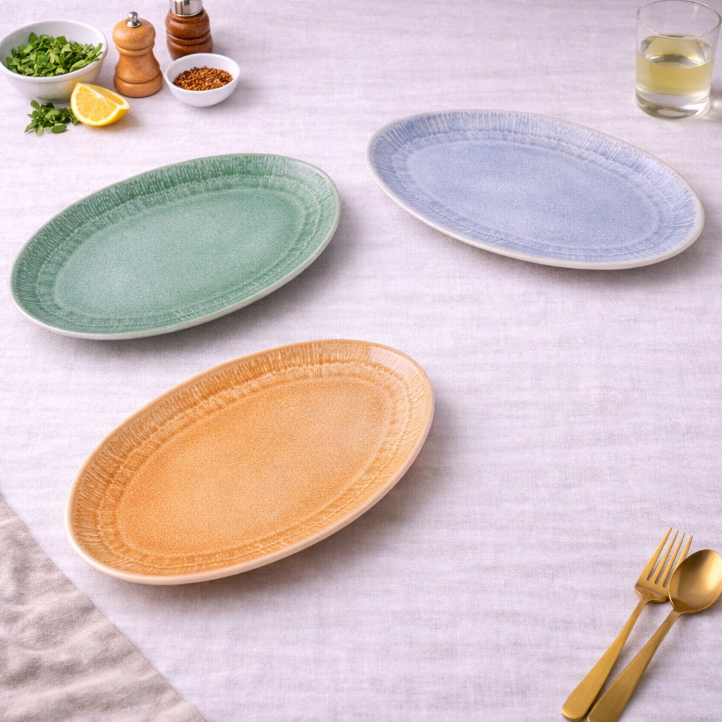 Travessas Ovais de Cerâmica Grandes - 3 Cores Pastel (Verde Musgo, Cinza Claro, Bege Areia)