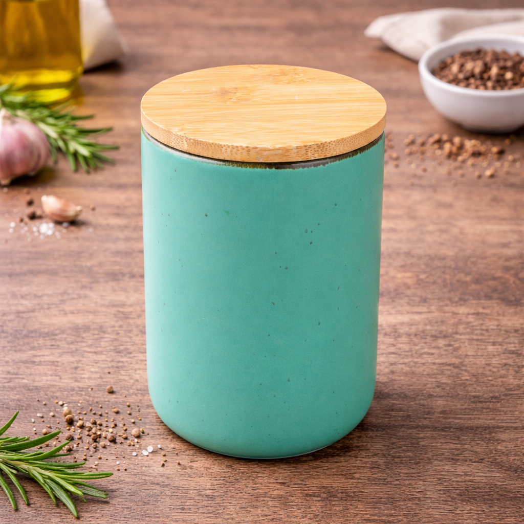 Pote de Cerâmica Turquesa com Tampa de Bambu 10,3x13,8cm