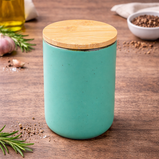 Pote de Cerâmica Turquesa com Tampa de Bambu 10,3x13,8cm