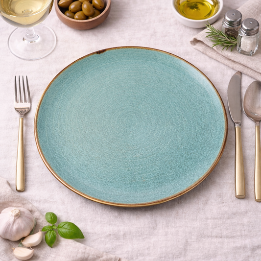 Prato Oval em Cerâmica - Turquesa com Borda Dourada 28cm
