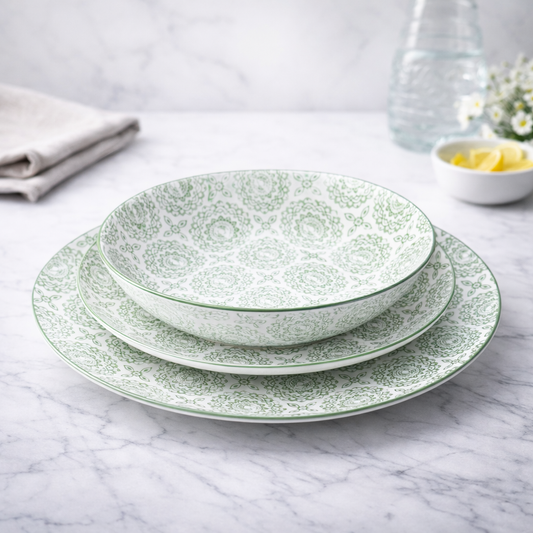 Conjunto de Louça 12 Peças com Padrão Mandala - Verde (4 Pessoas)