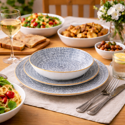 Conjunto de Louça 12 Peças com Padrão Radial e Borda Dourada - Azul Acinzentado (4 Pessoas)