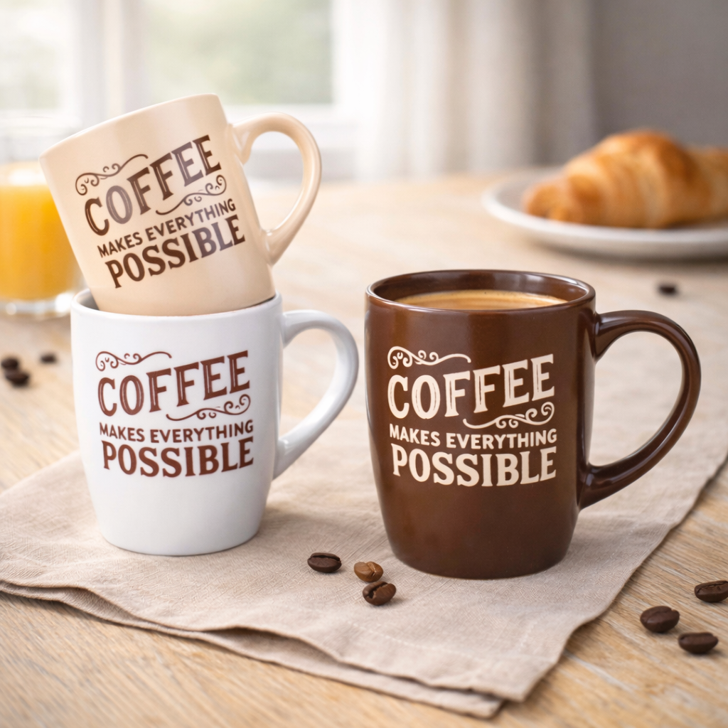 Caneca de Cerâmica 330cc "Coffee Makes Everything Possible" - 3 Cores Disponíveis