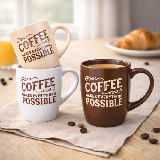 Caneca de Cerâmica 330cc "Coffee Makes Everything Possible" - 3 Cores Disponíveis