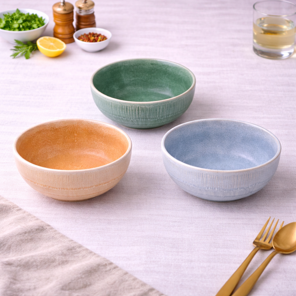 Tigelas de Cerâmica Pastel - 3 Cores Pastel (Verde Musgo, Cinza Claro, Bege Areia)