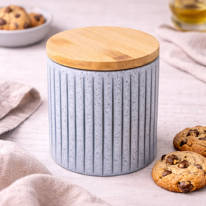 Recipiente de Cerâmica Azul-Cinza com Tampa de Bambu - 11x11cm