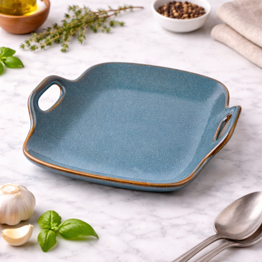 Prato Quadrado de Cerâmica com Asas e Cantos Arredondados em Verde Jade 19x18,5cm