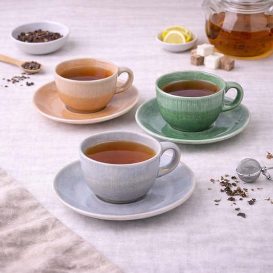 Canecas de Chá com Pires - 3 Cores Pastel (Verde Musgo, Cinza Claro, Bege Areia)