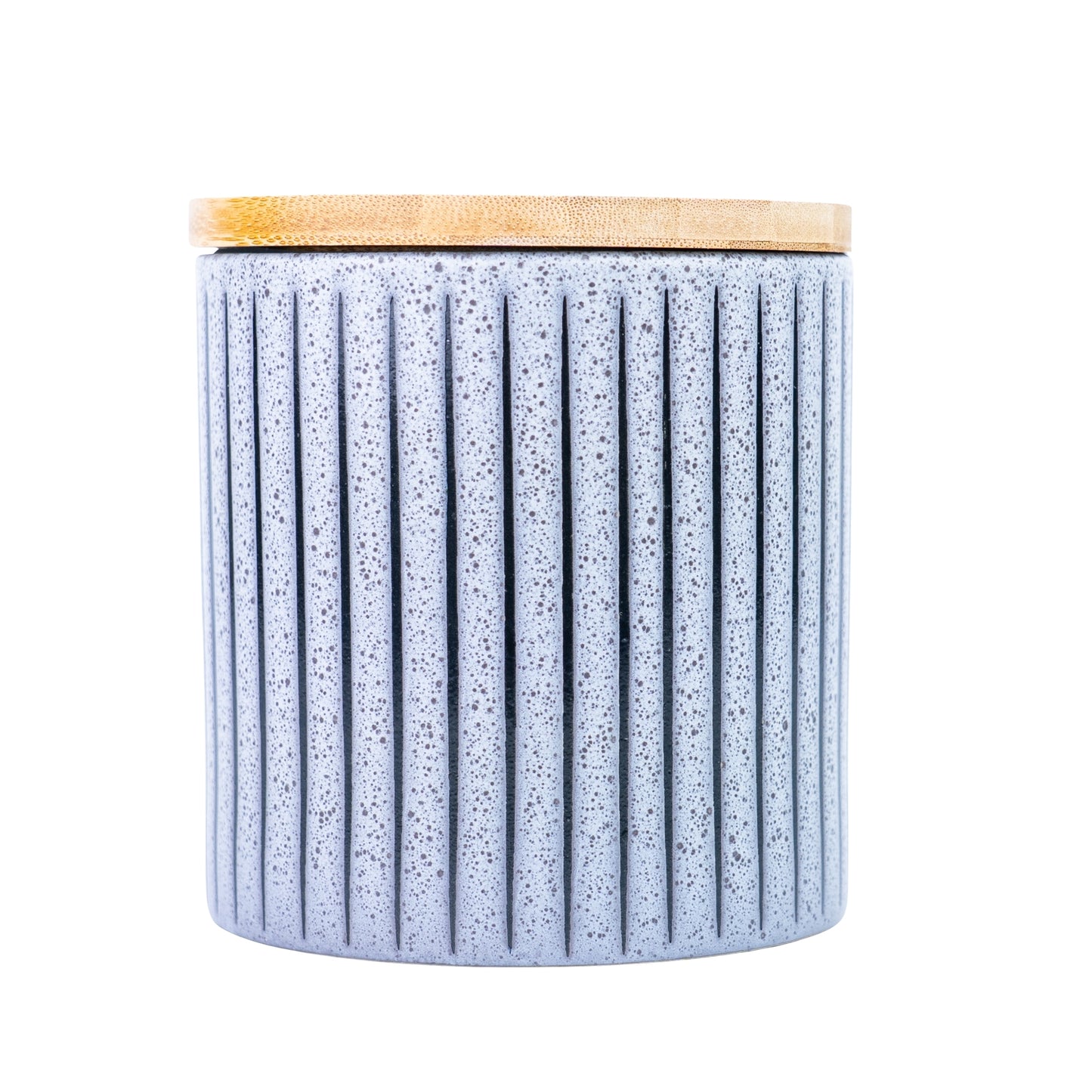 Recipiente de Cerâmica Azul-Cinza com Tampa de Bambu - 11x11cm