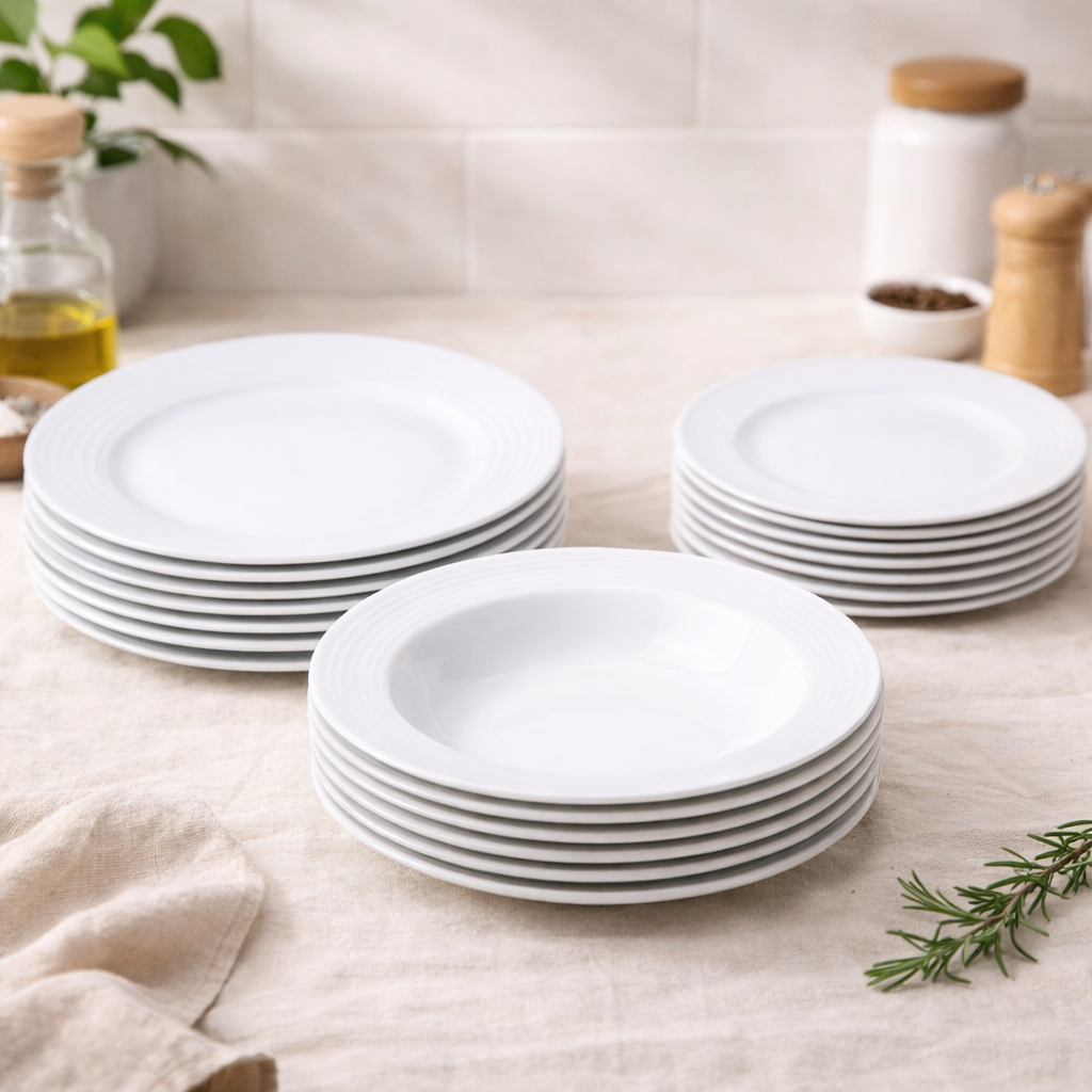 Conjunto de Louça 18 Peças com Textura em Relevo - Branco Puro (6 Pessoas)