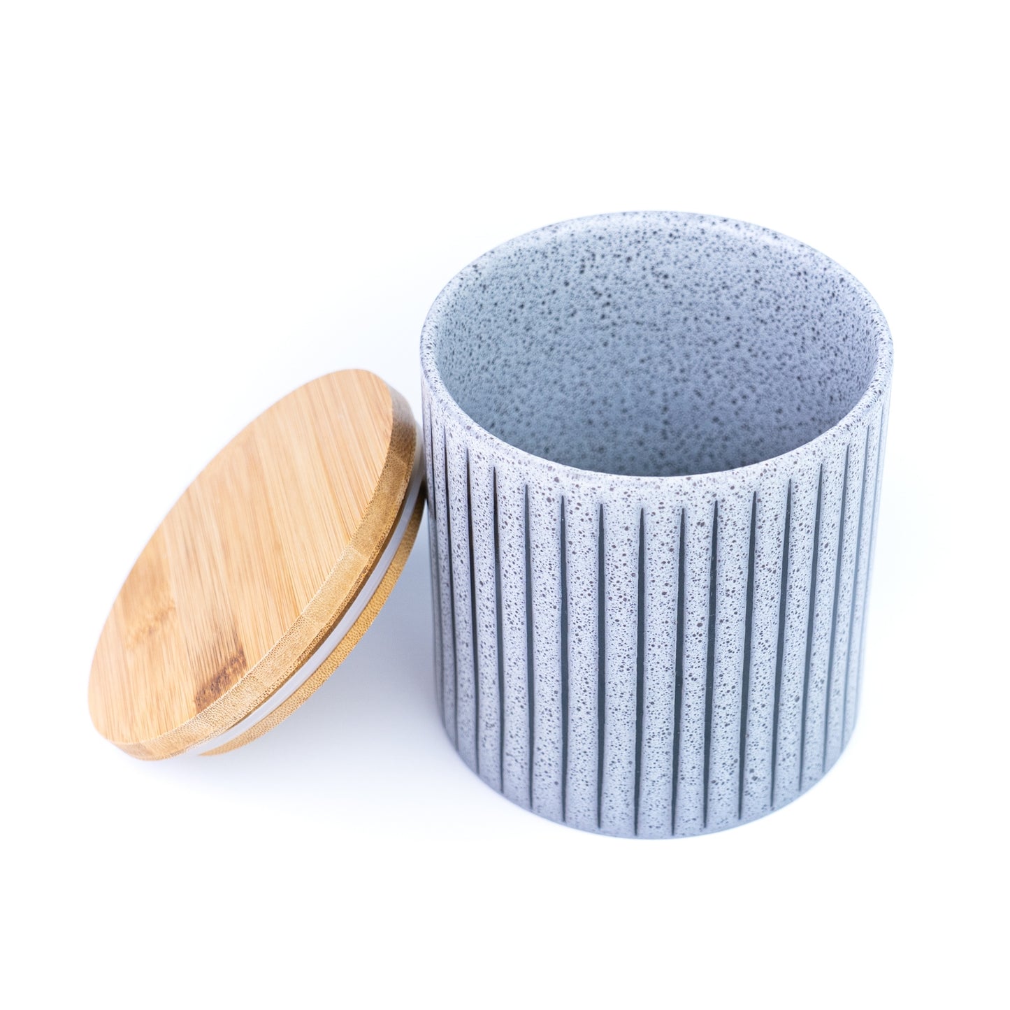 Recipiente de Cerâmica Azul-Cinza com Tampa de Bambu - 11x11cm