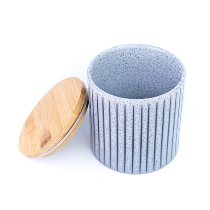 Recipiente de Cerâmica Azul-Cinza com Tampa de Bambu - 11x11cm