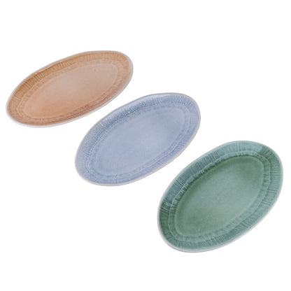 Conjunto de Travessas Ovais de Cerâmica Pastel - 3 Cores (Verde, Pêssego, Lavanda) 26.5cm
