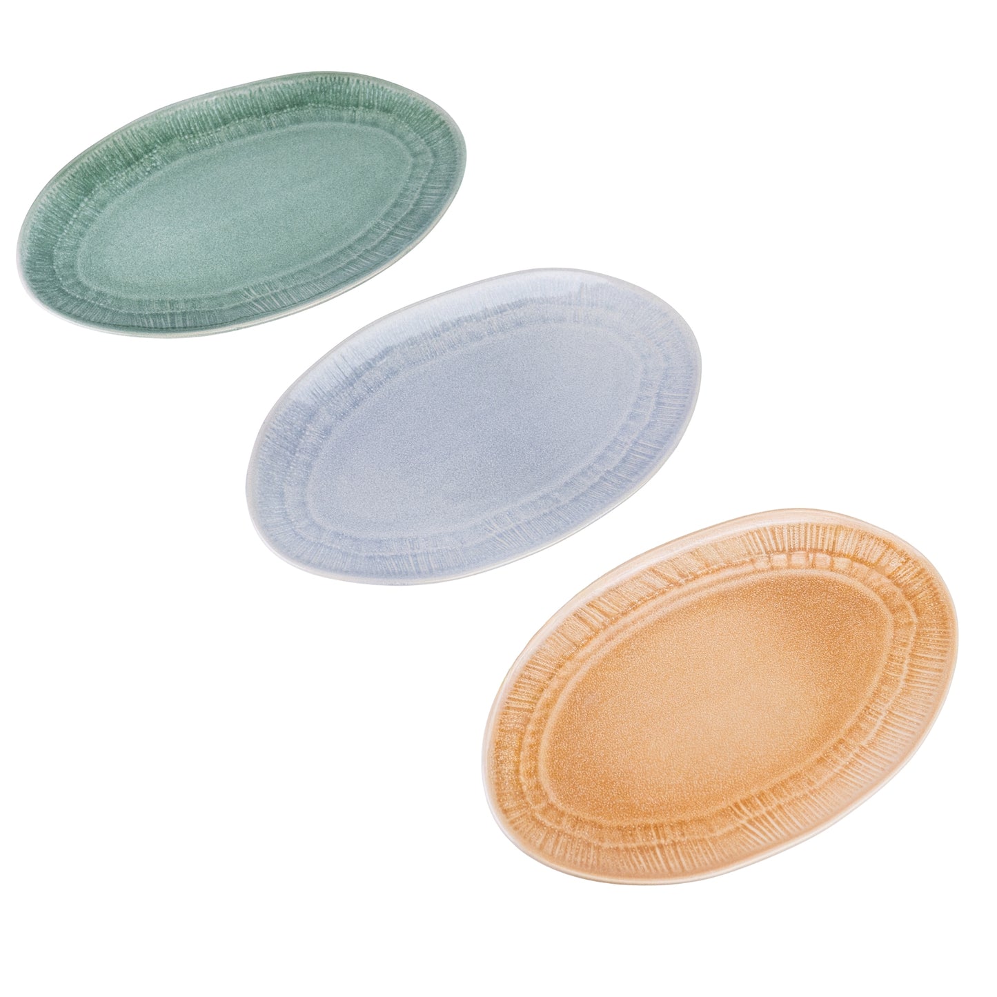 Conjunto de Travessas Ovais de Cerâmica Pastel - 3 Cores (Verde, Pêssego, Lavanda)