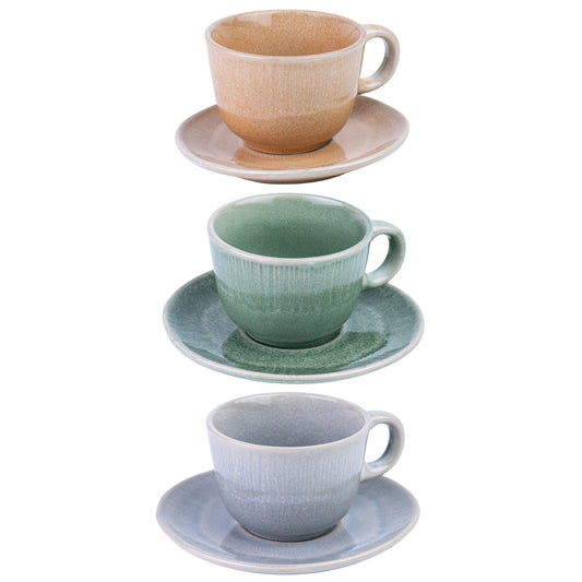 Canecas de Chá com Pires - 3 Cores Pastel (Verde Musgo, Cinza Claro, Bege Areia)