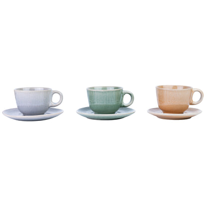 Conjunto de Chávenas de Café com Pires - 3 Cores Pastel (Verde, Pêssego, Lavanda)