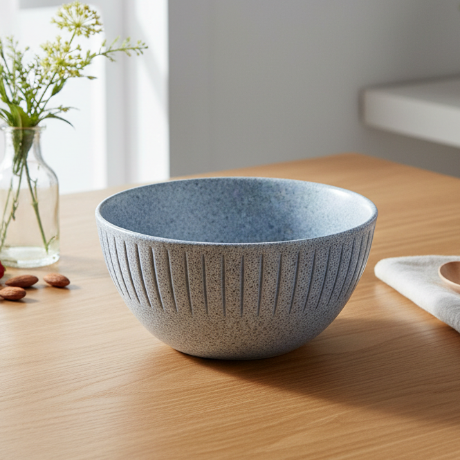 Tigela de Cerâmica Azul-Cinza com Linhas Verticais - 15.5x7.5cm