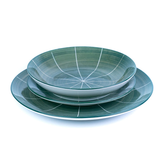 Conjunto de Louça 12 Peças com Padrão Radial - Verde Turquesa (4 Pessoas)