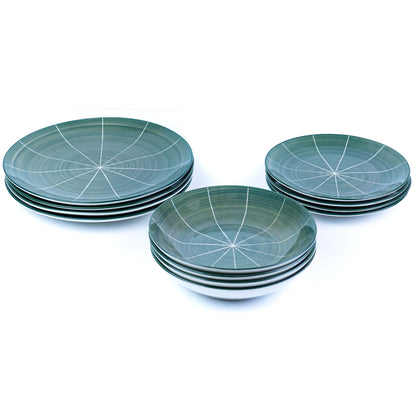 Conjunto de Louça 12 Peças com Padrão Radial - Verde Turquesa (4 Pessoas)