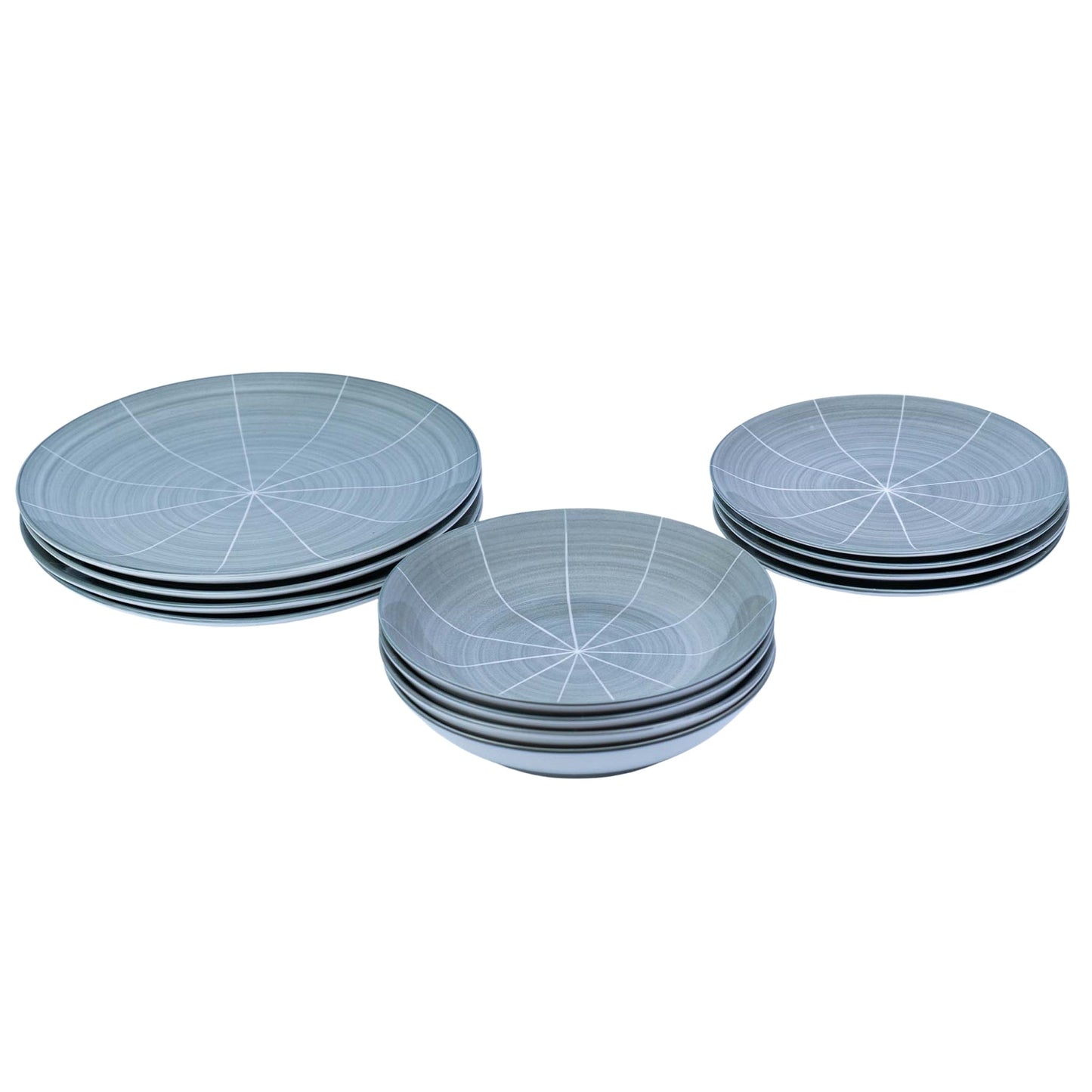 Conjunto de Louça 12 Peças com Padrão Radial - Azul Acinzentado (4 Pessoas)