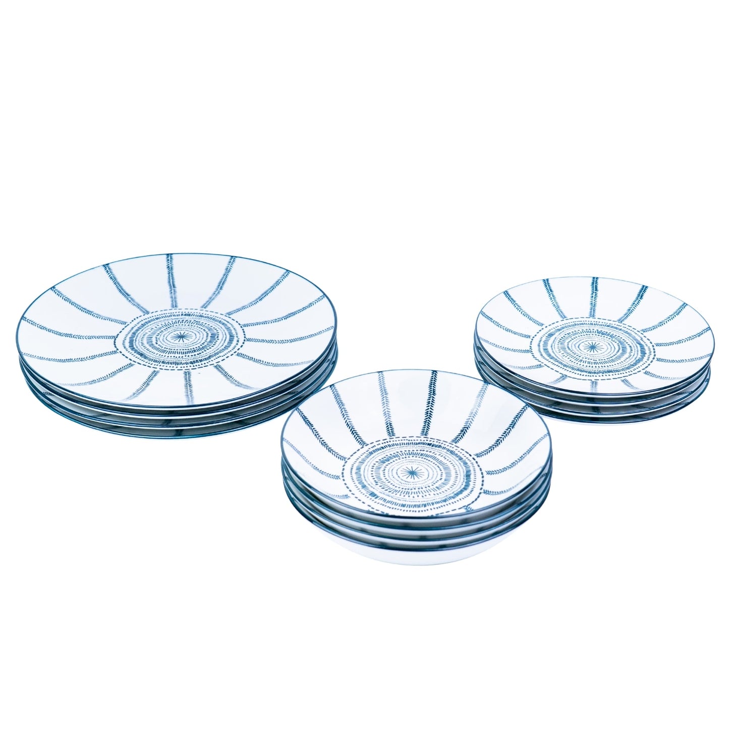 Conjunto de Louça 12 Peças com Padrão Radial - Azul (4 Pessoas)