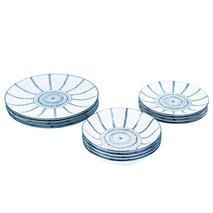 Conjunto de Louça 12 Peças com Padrão Radial - Azul (4 Pessoas)