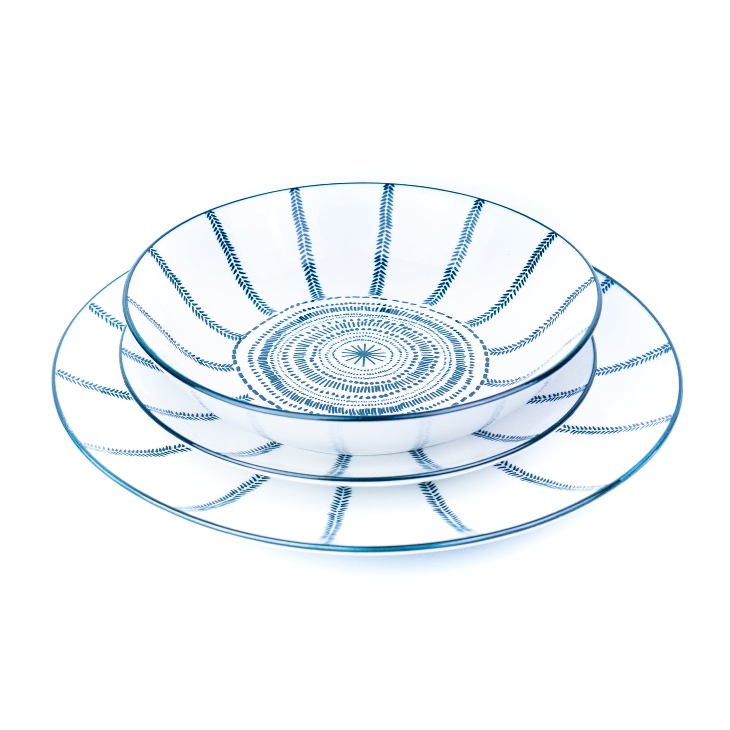 Conjunto de Louça 12 Peças com Padrão Radial - Azul (4 Pessoas)