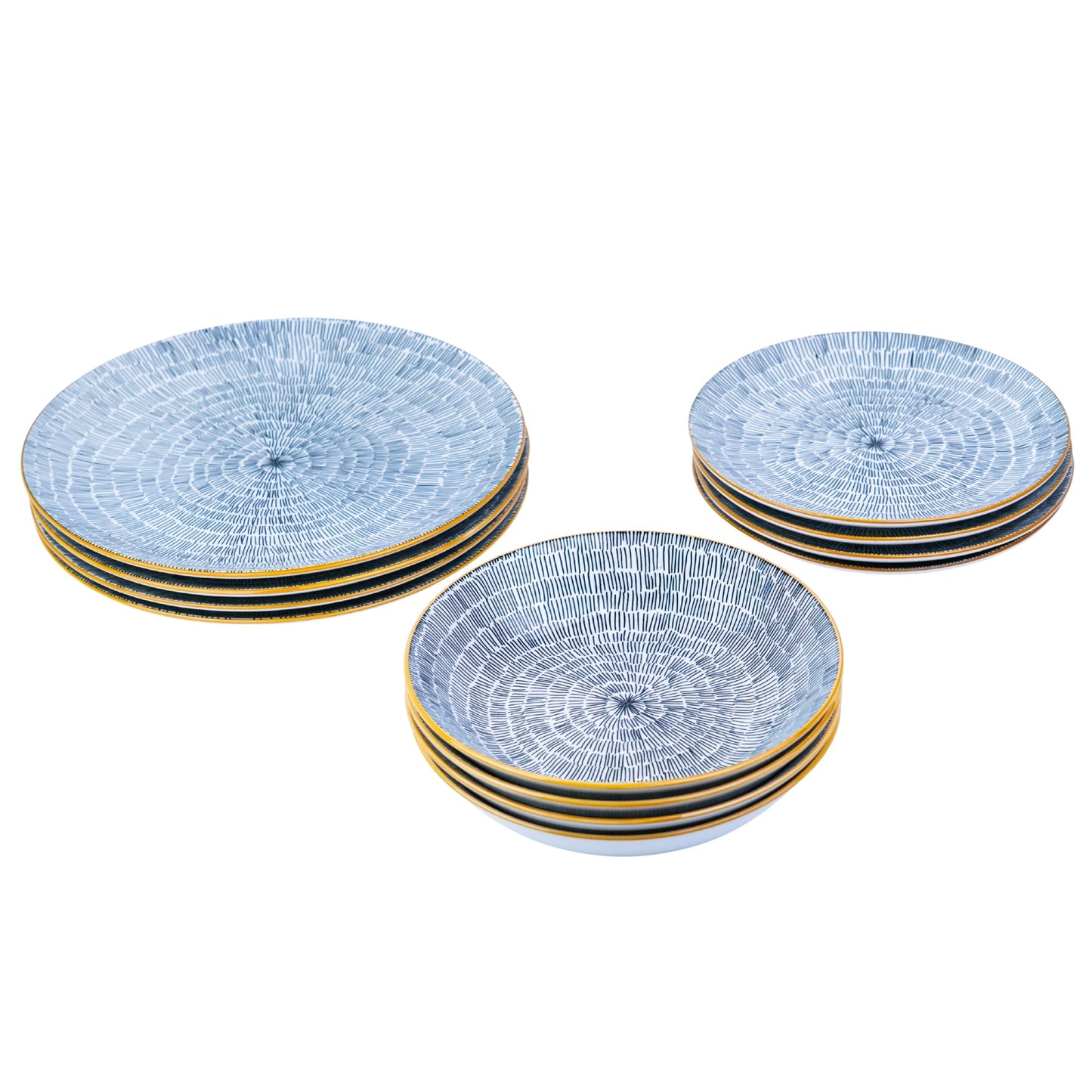 Conjunto de Louça 12 Peças com Padrão Radial e Borda Dourada - Azul Acinzentado (4 Pessoas)