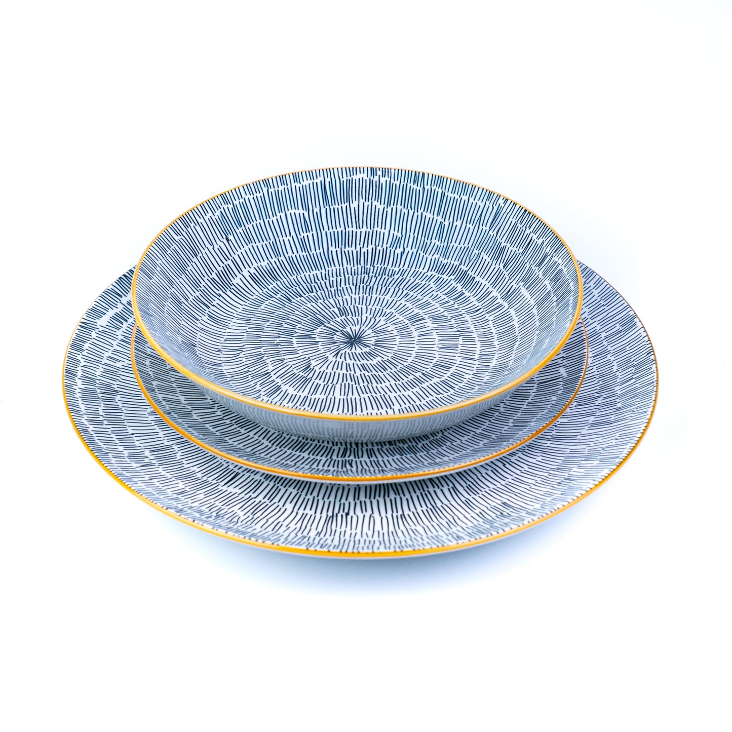 Conjunto de Louça 12 Peças com Padrão Radial e Borda Dourada - Azul Acinzentado (4 Pessoas)