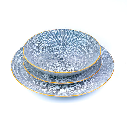 Conjunto de Louça 12 Peças com Padrão Radial e Borda Dourada - Azul Acinzentado (4 Pessoas)