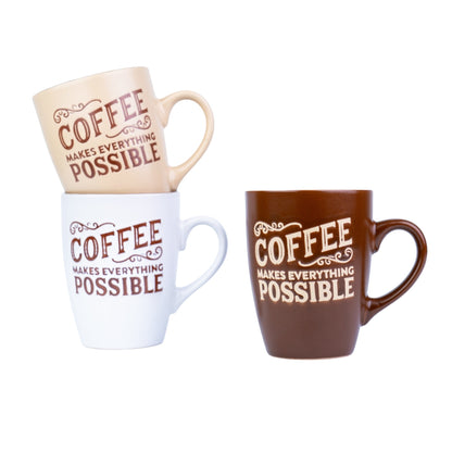 Caneca de Cerâmica 330cc "Coffee Makes Everything Possible" - 3 Cores Disponíveis