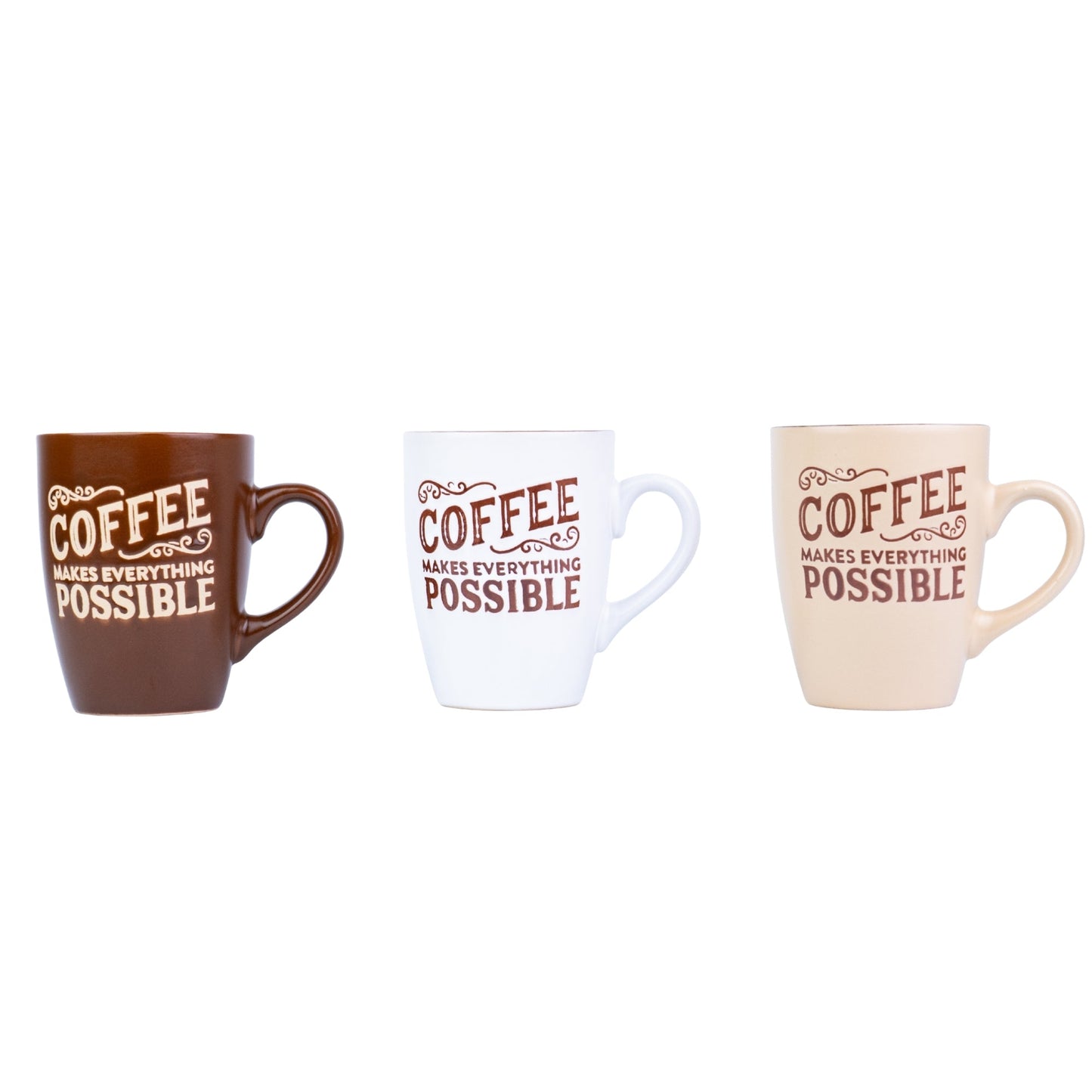 Caneca de Cerâmica 330cc "Coffee Makes Everything Possible" - 3 Cores Disponíveis