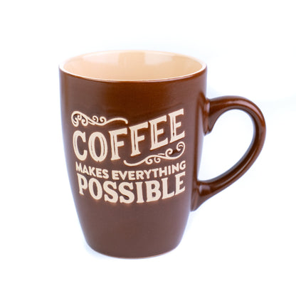 Caneca de Cerâmica 330cc "Coffee Makes Everything Possible" - 3 Cores Disponíveis