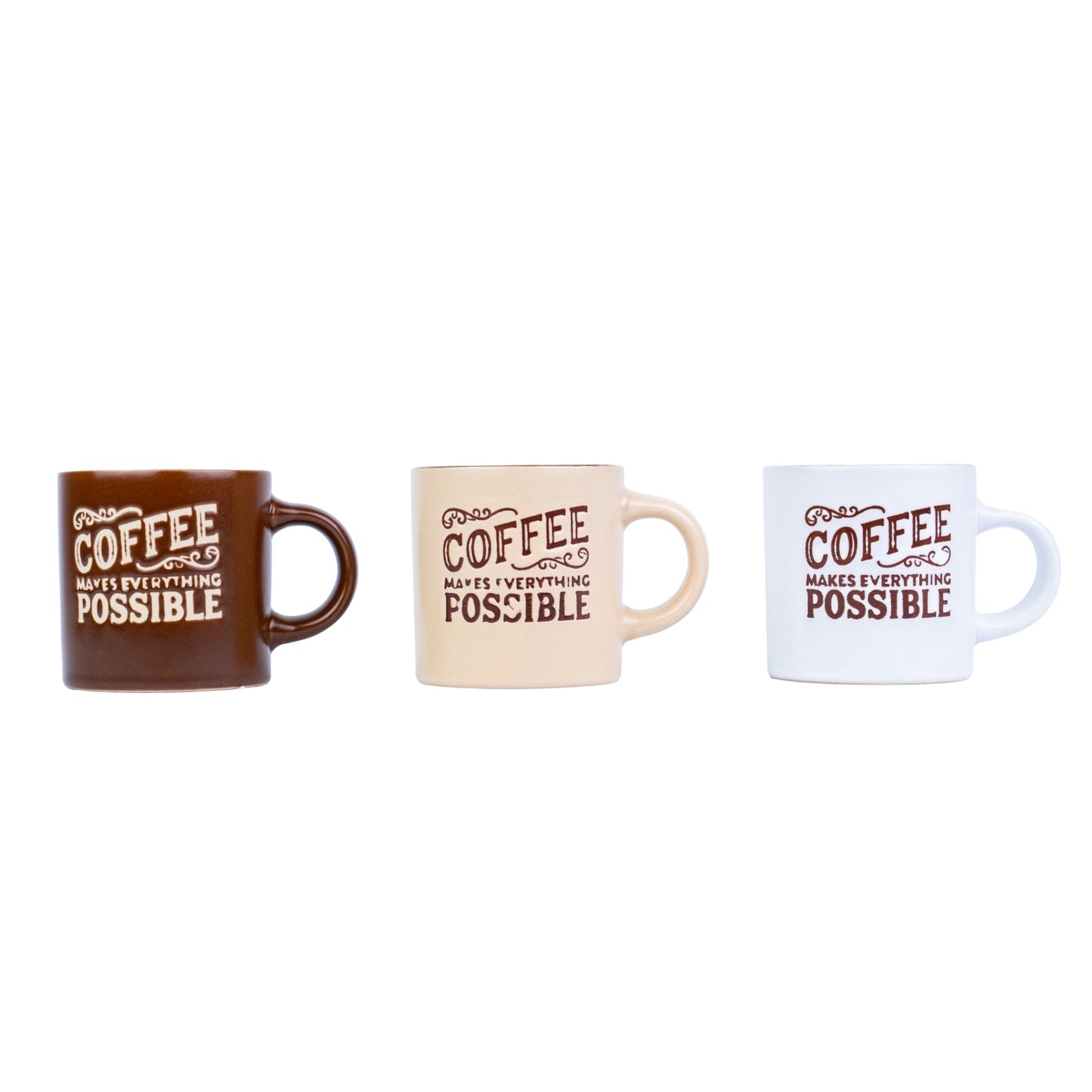 Caneca Pequena de Cerâmica 170cc "Coffee Makes Everything Possible" - 3 Cores