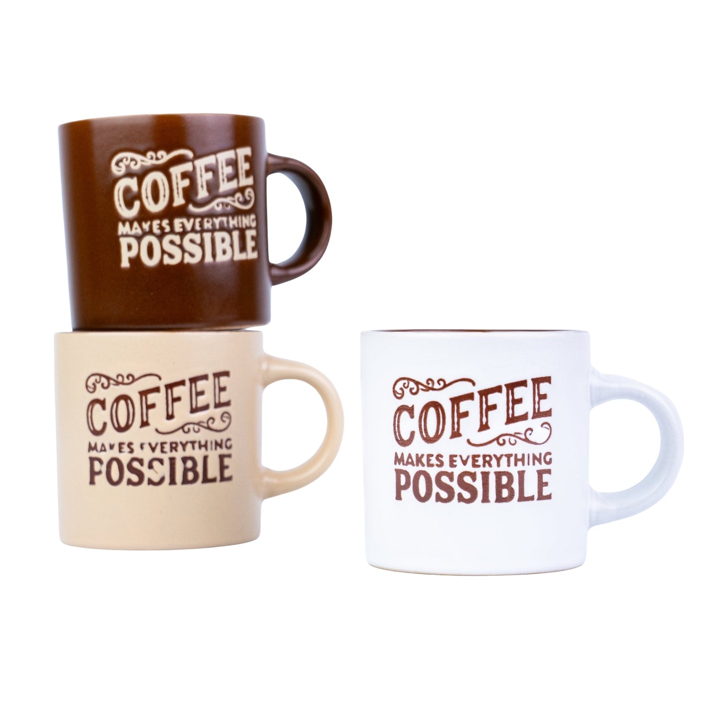 Caneca Pequena de Cerâmica 170cc "Coffee Makes Everything Possible" - 3 Cores