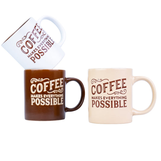 Caneca de Cerâmica 330cc "Coffee Makes Everything Possible" - 3 Cores Disponíveis